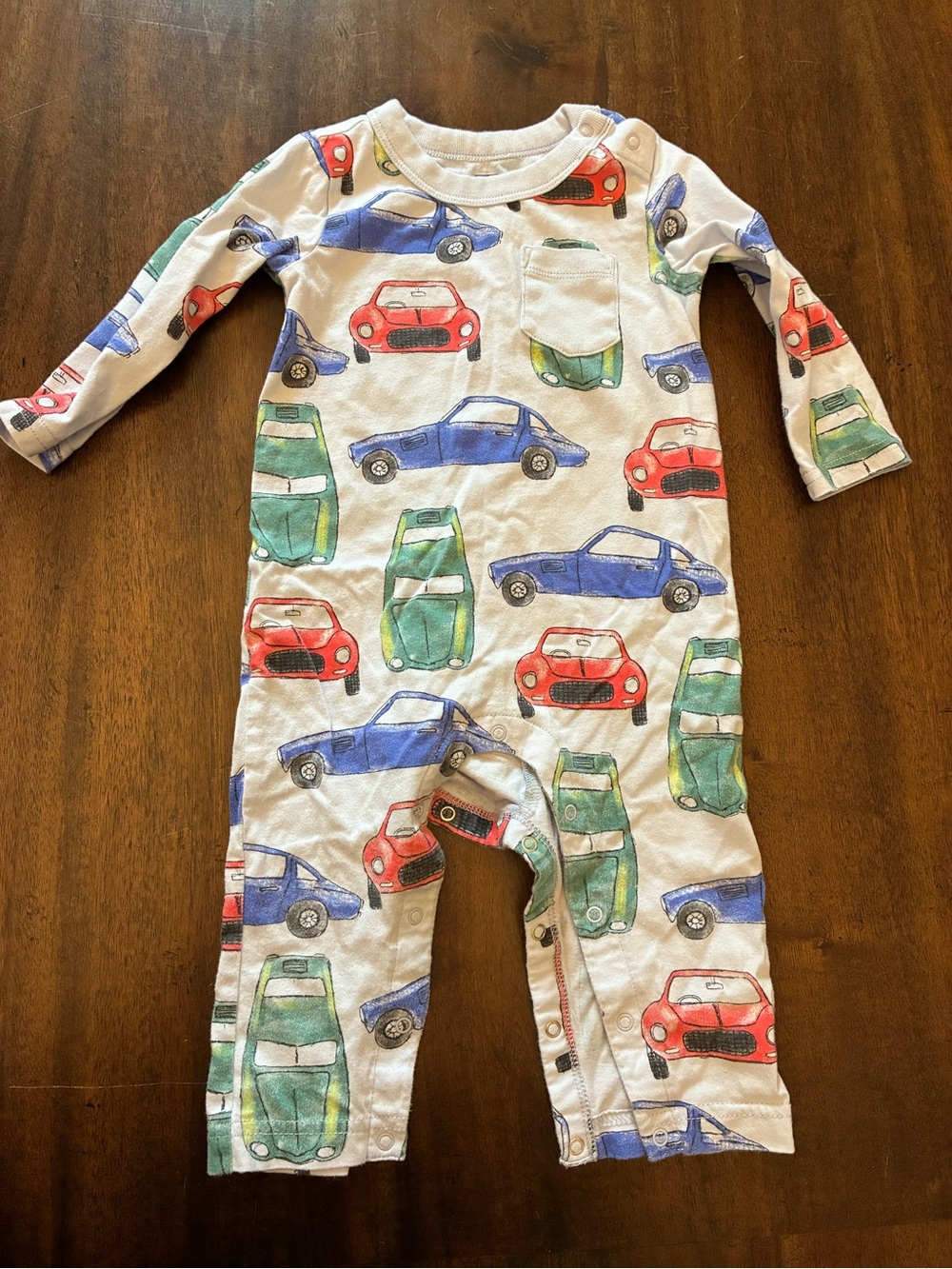 Tea Collection Pocket Baby Romper 9-12 Months Jumpsuit Blue Cars